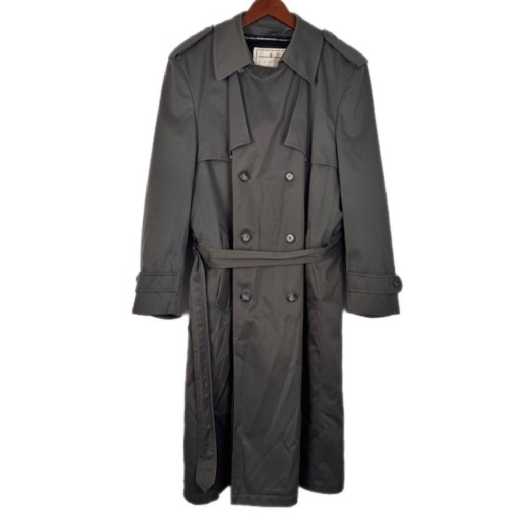 Towne London Fog Trench Coat Men 42 REG Gray Double Breasted Belted Lined Flaw